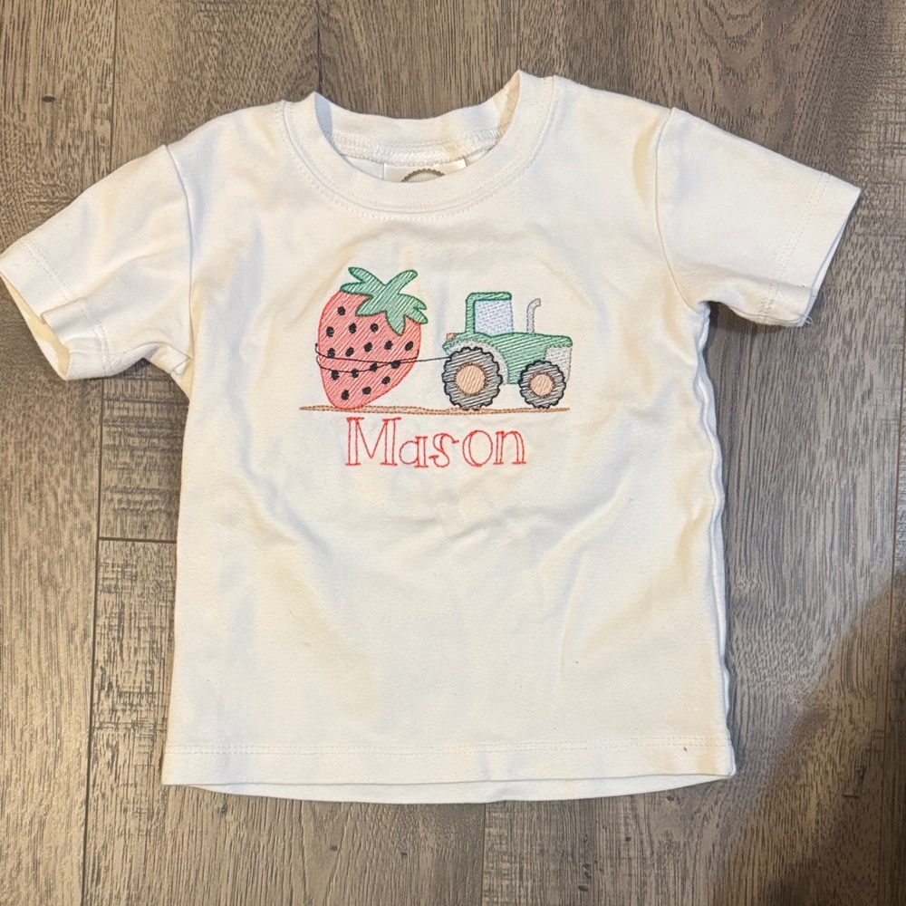 Kids White T-Shirt with Strawberry and Tractor Design